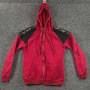 True Religion Jacket Womens Large Red Black Logo Full Zip Pockets Hooded